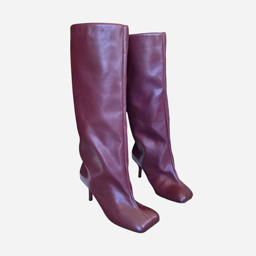 Burgundy Square Toe Knee High Kitten Heels Tall Leather Boots Womens Size 11